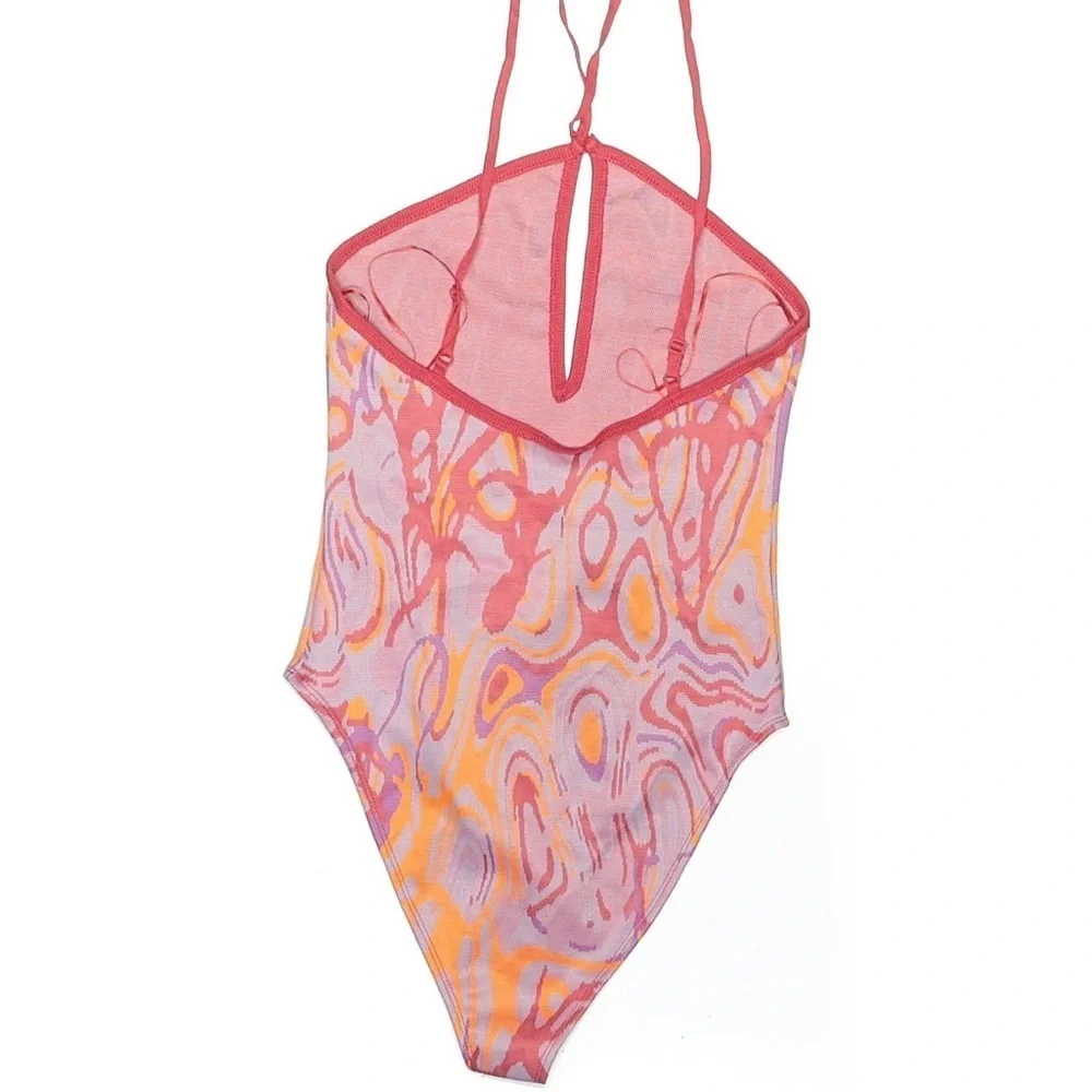 Zara Retro Swirl Halter Bodysuit NWT Pink Orange Jacquard Keyhole Size S - Picture 3 of 6